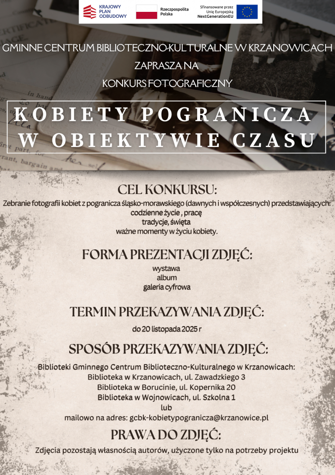 plakat zaproszenie do naboru zdjęć kobiety pogranicza wramach kpo-tło ciemnozielone na środku szara kartka u góry logotypy KPO, UE i flaga Polski
