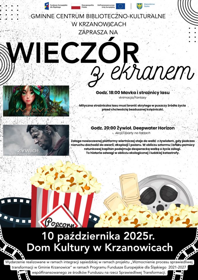 zaproszenie na kino plenerowe do dk w krzanowocach. tło białe w centrum plakatu kamera i informacje o wyświetlanych filmach. rozpoczęcie godz. 18.00