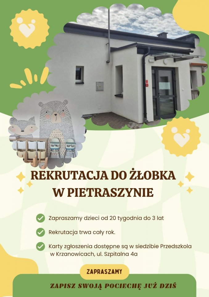 Plakat dot. Rekrutacji do nowo otwartego Żłobka w Pietraszynie 26.09-10.10 2025 r.